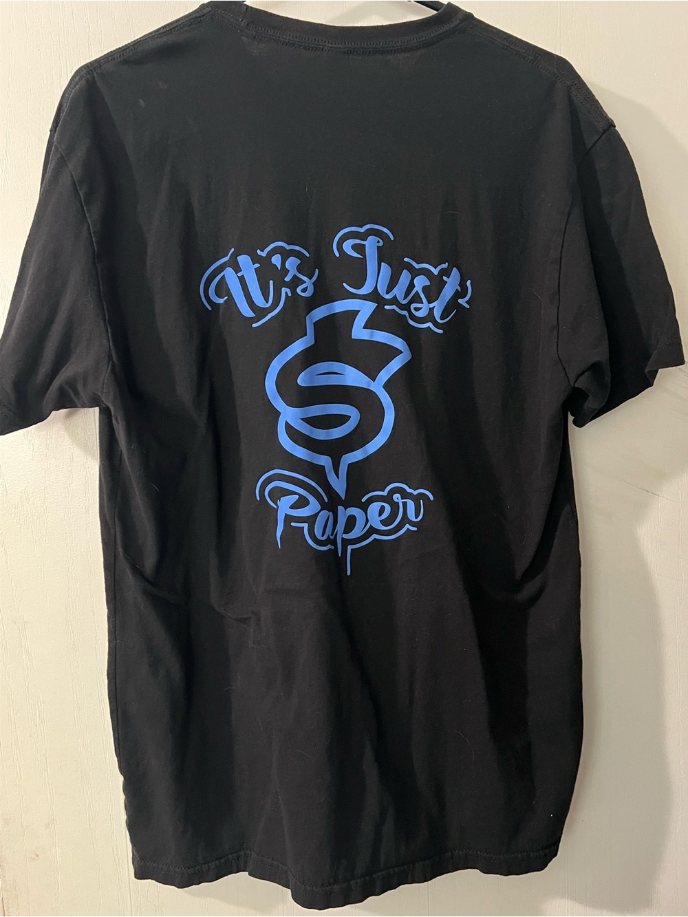 Men's Black Graphic Tee with Blue 'It's Just Paper' Print